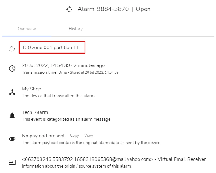 Virtual Email Receiver Alarm Details shown in evalink talos