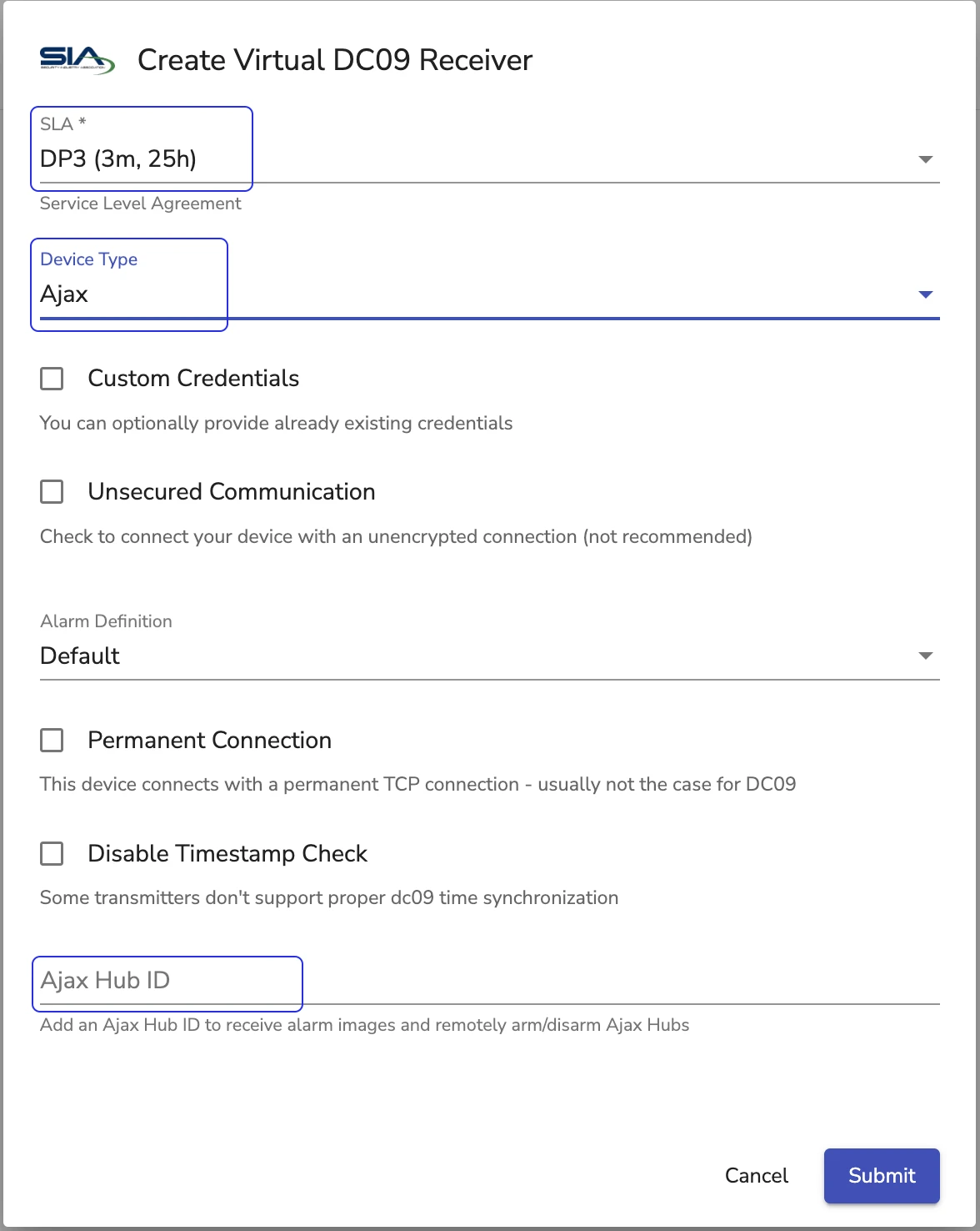 Configuring Virtual SIA DC09 Receiver for Ajax