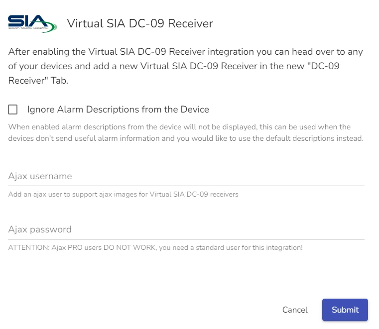 Enabling Virtual SIA DC09 Receiver globally