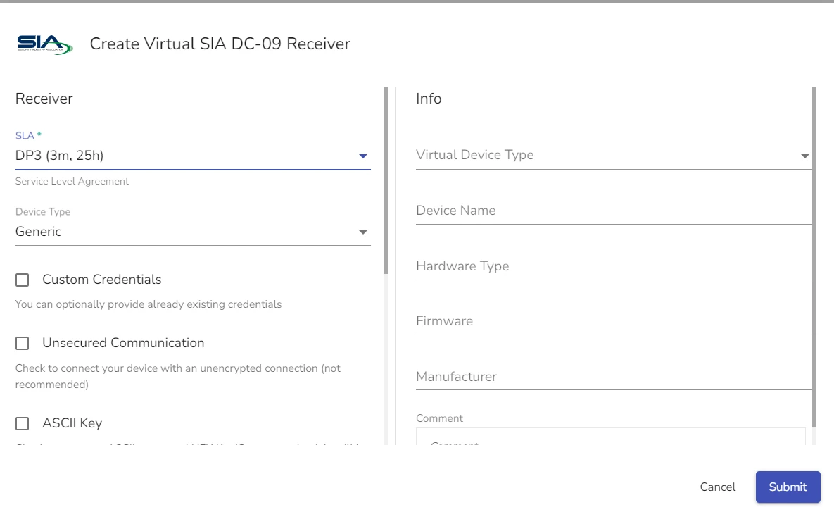 Virtual SIA DC09 Receiver configuration dialog