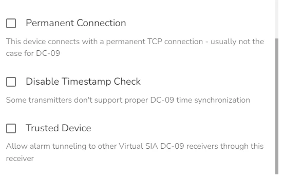 Virtual SIA DC09 Receiver configuration dialog