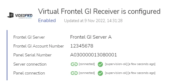 A Virtual Frontel GI Receiver instance with both server and panel status connected