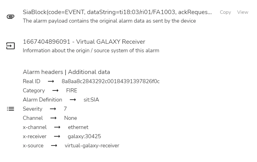 Virtual Galaxy Receiver Alarm Payload and headers