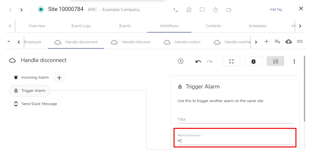 The Trigger Alarm step in a workflow