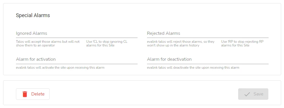 Specify the ignored and rejected alarms for a site