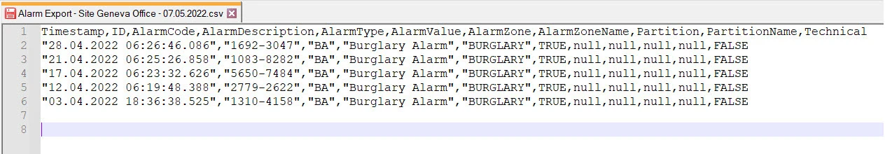 Example of a CSV alarm report