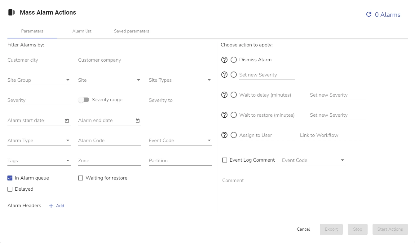 Access Massive Alarm Actions