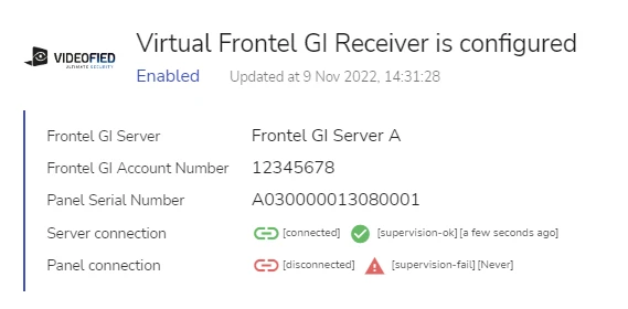 A Virtual Frontel GI Receiver instance with server status connected and panel status disconnected
