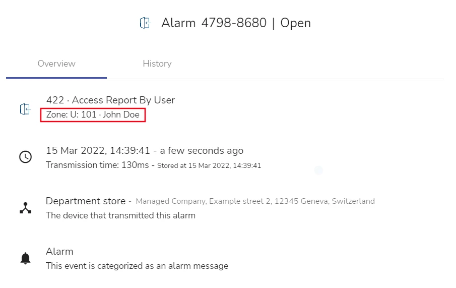 An alarm with a zone of user type